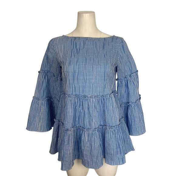 Sara Campbell Tops - Sara Campbell Ruffle Tiered Tunic Top Blouse S Blue Gingham Bell Sleeve